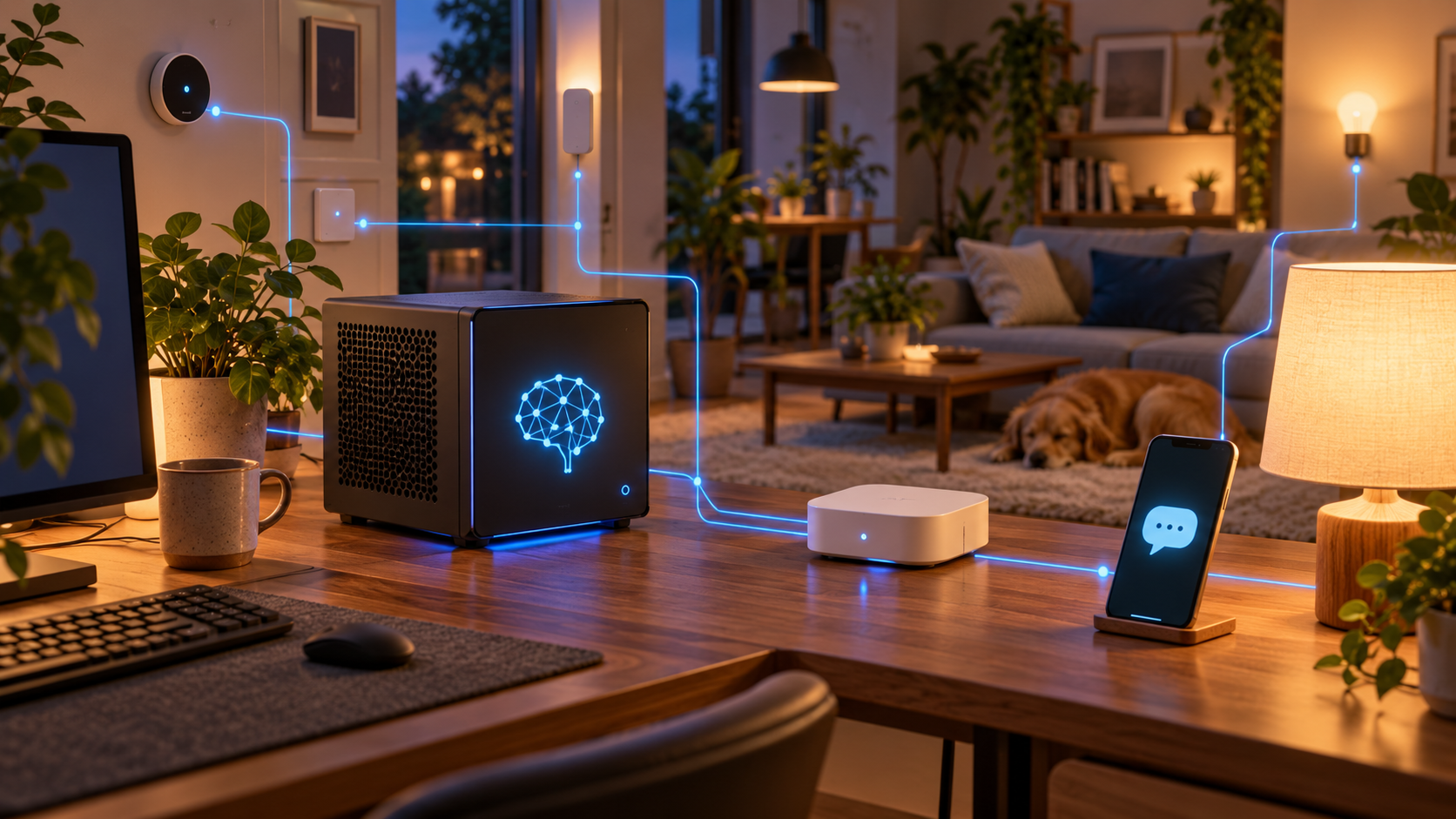 Vlastní AI počítač v domácnosti propojený s Home Assistant, telefonem a lampou.